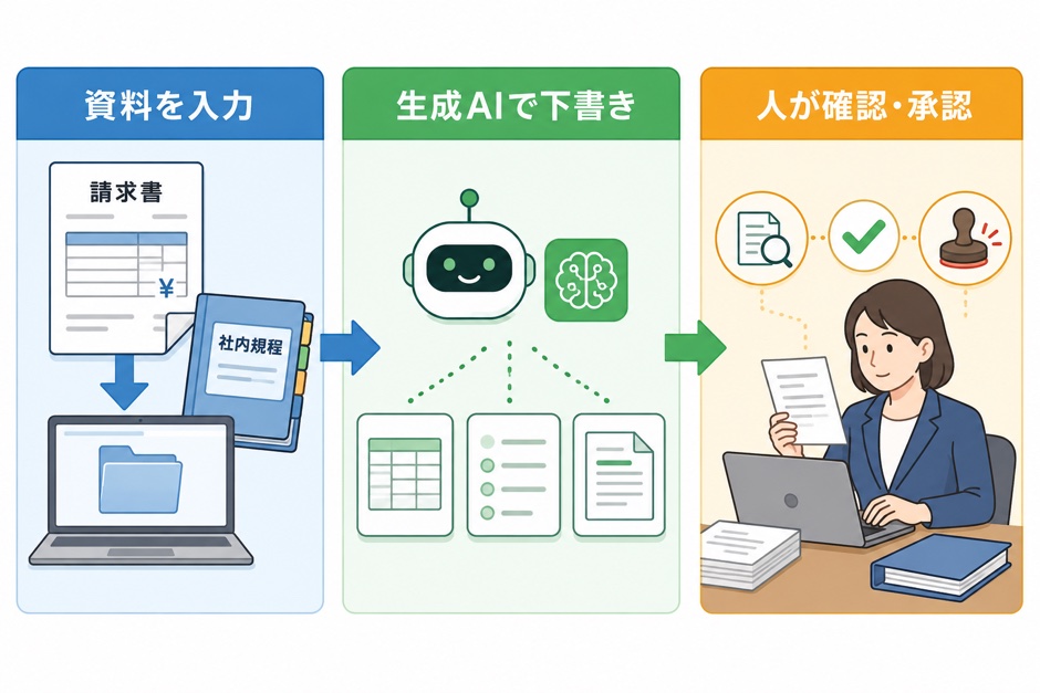 経理業務を生成AIの下書きと人の確認に分ける流れ