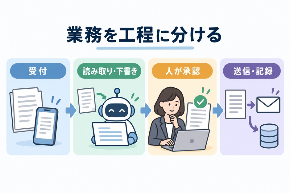 架空の注文対応を受付、読み取りと下書き、人の承認、送信と記録に分けた流れを示しています。