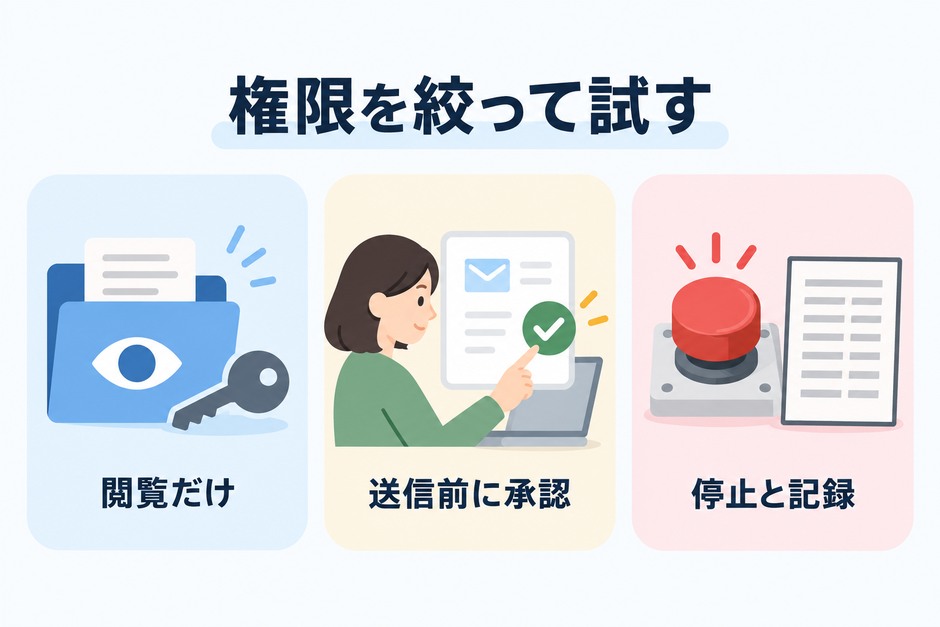 注文対応のAIに閲覧だけを許し、送信前に人が承認し、停止と操作記録を用意する三つの対策を示しています。