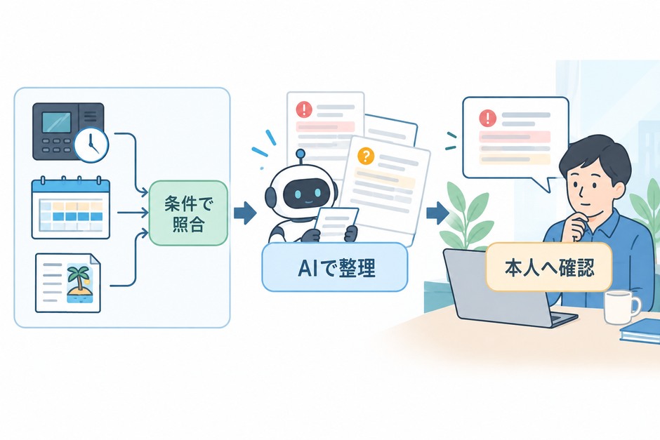 打刻実績・勤務予定・承認済み休暇を条件で照合した後、AIが確認理由を整理する構成