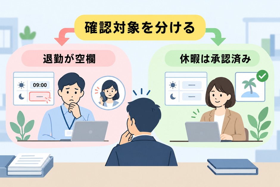 退勤の空欄で本人確認が必要なケースと、承認済み休暇で打刻が不要なケースを分けた架空例