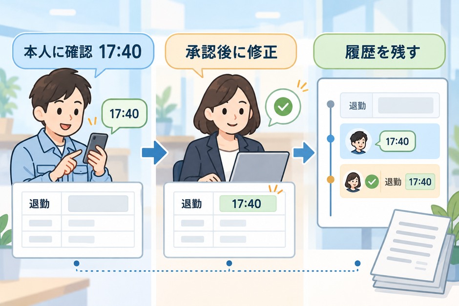退勤空欄に対し本人の17時40分という回答を確認・承認し、元記録と訂正履歴を残して再照合する例
