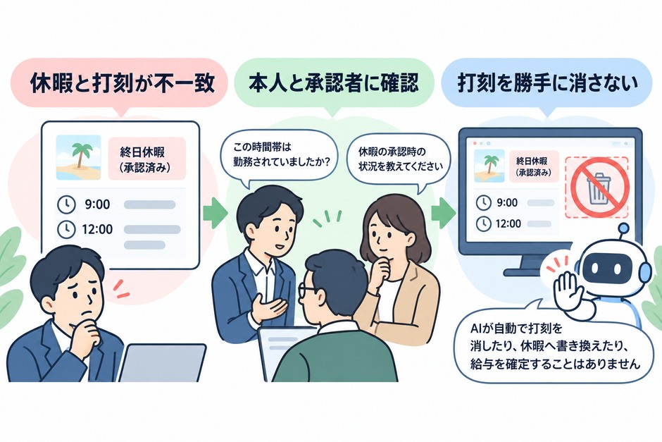 終日休暇と9時から12時の打刻の食い違いを本人と承認者に確認し、実績を勝手に消さない構成