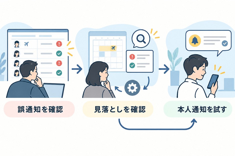勤怠チェックを担当者一覧から試し、誤通知・見落とし・未解決記録を確認して本人通知へ進む手順