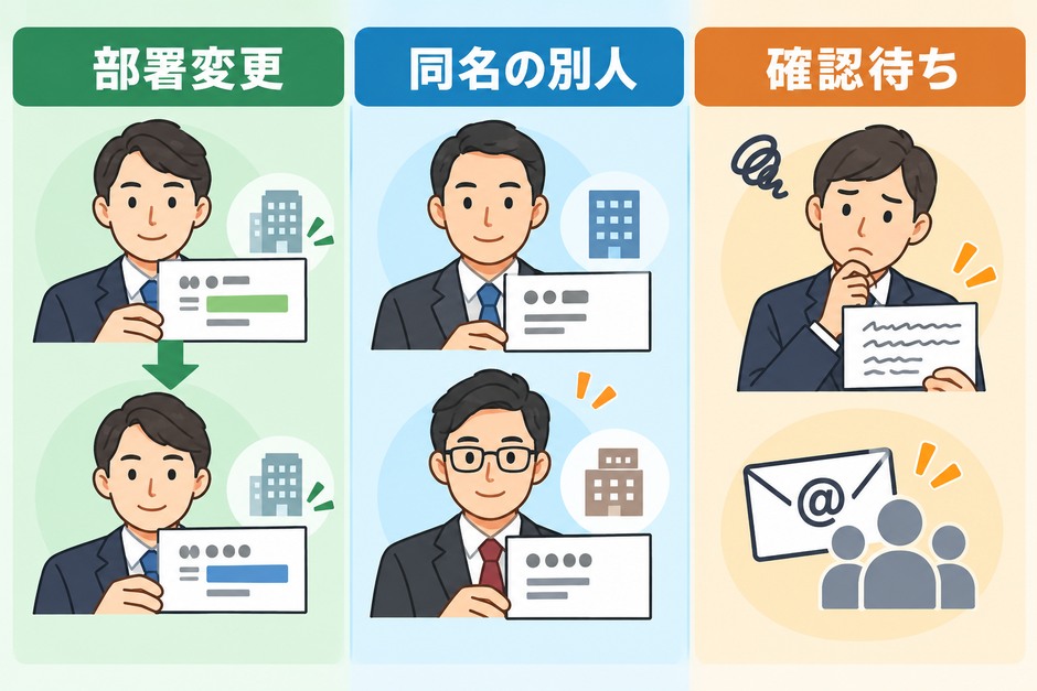 部署変更、同名の別人、確認待ちとなる名刺の違いを示す設計例