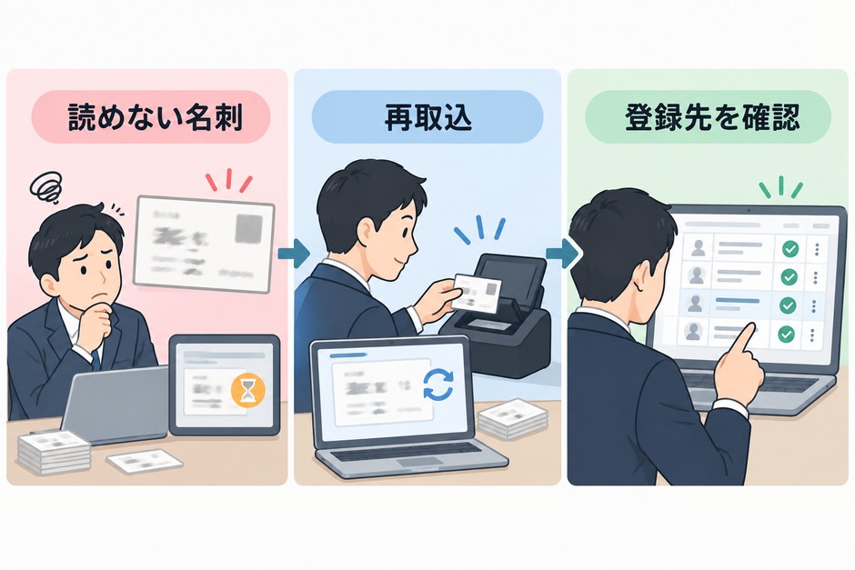通常登録、別人、部署変更、読取不可、再取込を検証し、消えた名刺を見つける試行