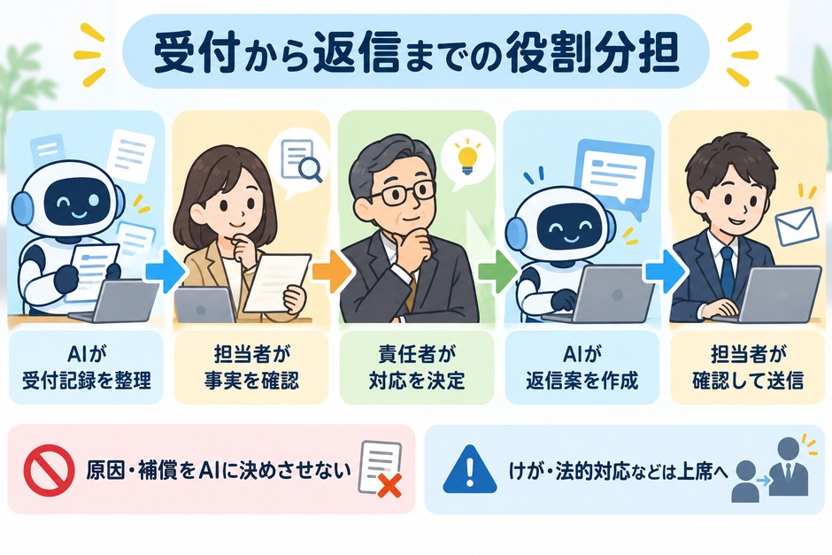 AIが受付記録と返信案を作り、担当者が事実を確認し、責任者が対応を決めてから人が送信する流れを示しています。