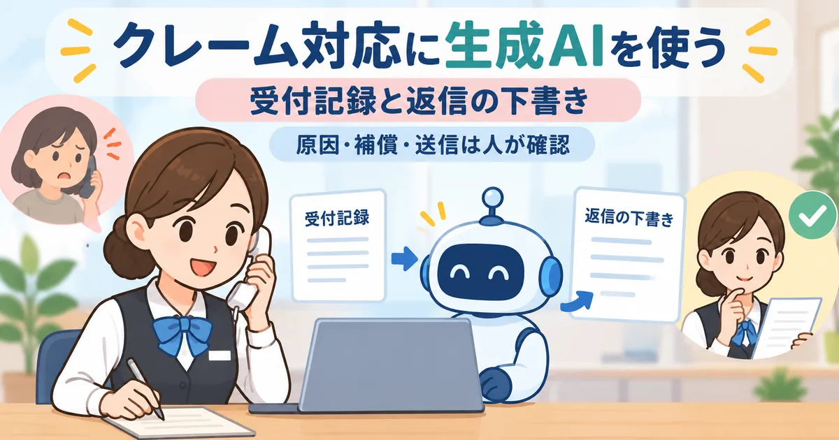 クレームの受付記録と返信をAIで下書きし、原因・補償・送信は人が確認する活用のイメージ