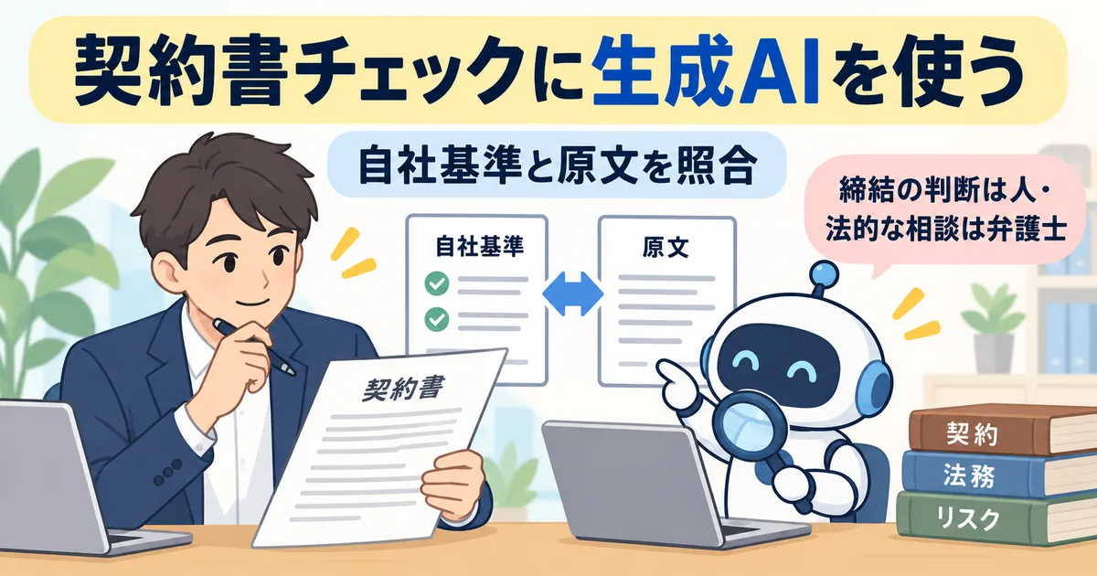 自社基準と原文を照合して契約書を確認し、締結の判断は人、法的な相談は弁護士が担う活用のイメージを示しています。