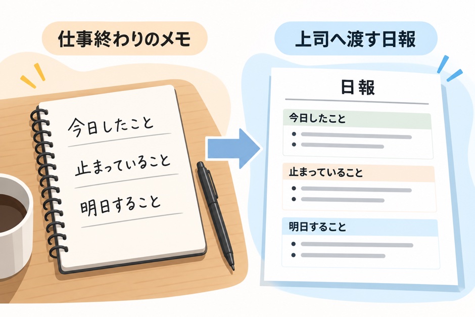 今日したこと、止まっていること、明日することの3行メモを日報に整理する図