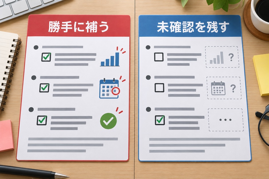 推測で完了や期限を補う日報と、未確認を残す日報の対比