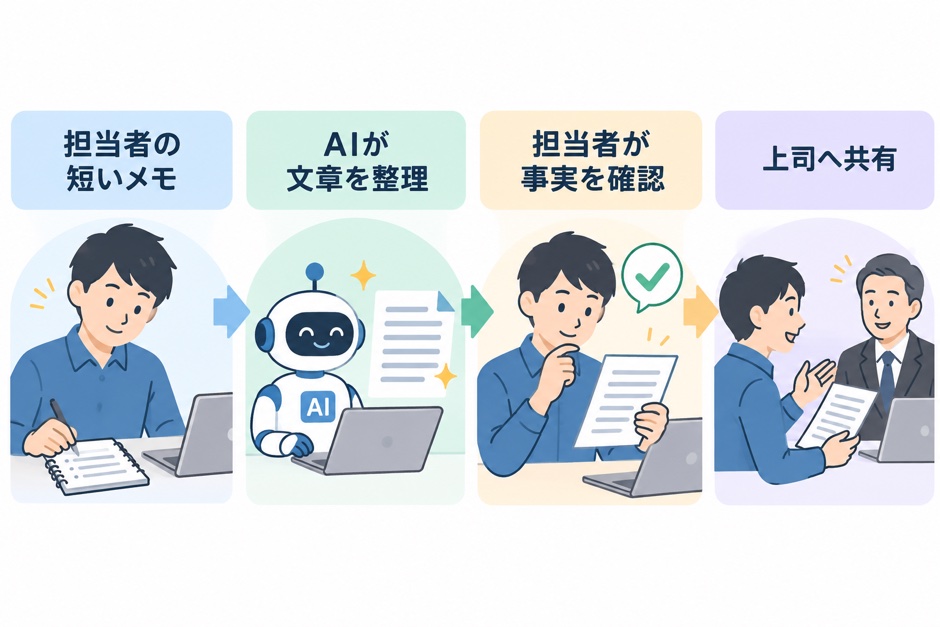 担当者のメモ、AIによる文章整理、担当者の事実確認、上司への共有という順序