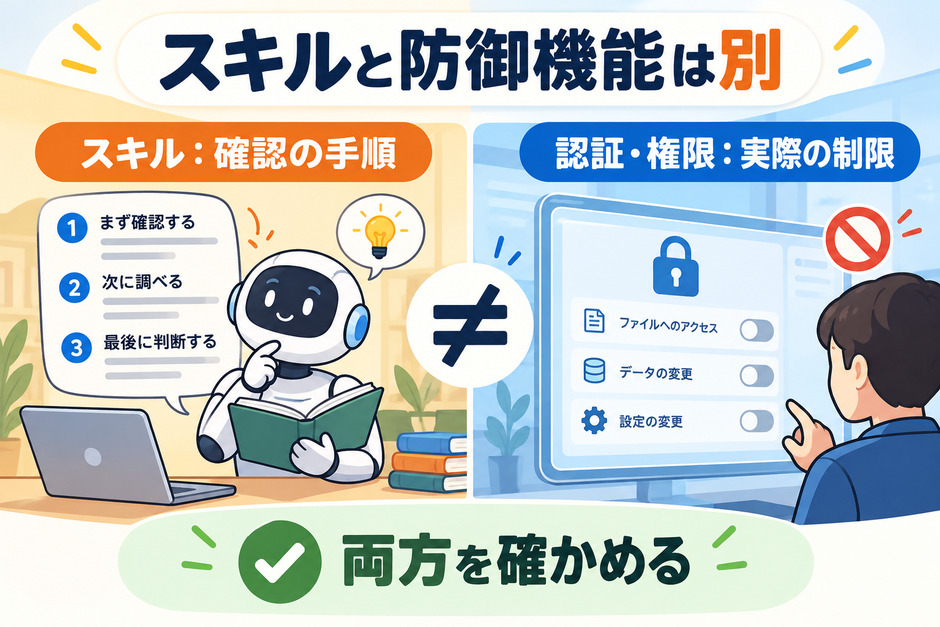 スキルでAIの確認手順を整えることと、アプリ側で権限確認やアクセス拒否を実装することを分けて示す図です。