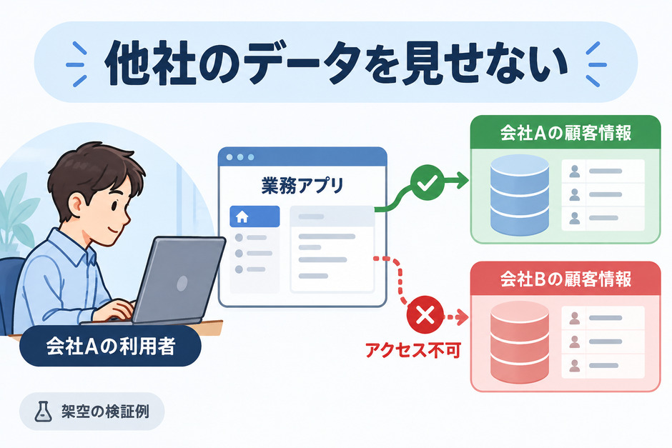 架空の顧客管理アプリで、会社Aの担当者にはAの顧客情報だけを表示し、会社Bの情報への閲覧と変更を拒否する設計例です。