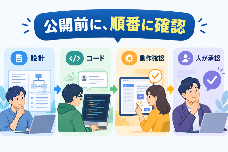 守る条件を決め、コードを確認し、試行環境で操作した結果と未確認の範囲を責任者が見て公開を判断する流れです。
