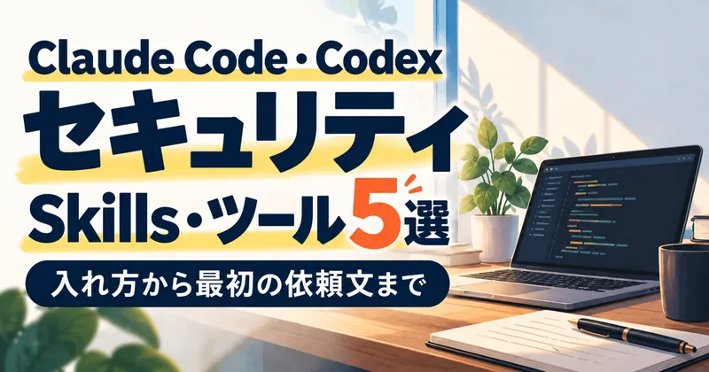 Claude Code・CodexのセキュリティSkills・ツール5選を大きな文字で示し、入れ方から最初の依頼文まで紹介すると案内するサムネイル。ノートPCはイメージで、製品の実画面ではありません。
