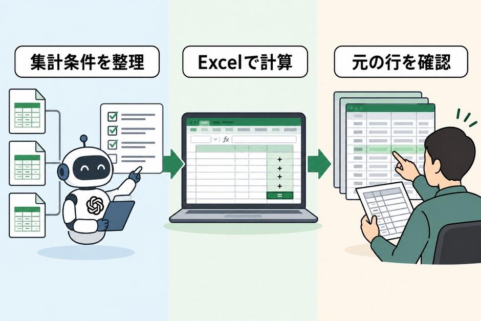 複数CSVの整理と集計条件をAIで補助し、Excelの計算と検算で月次表を確定する流れ