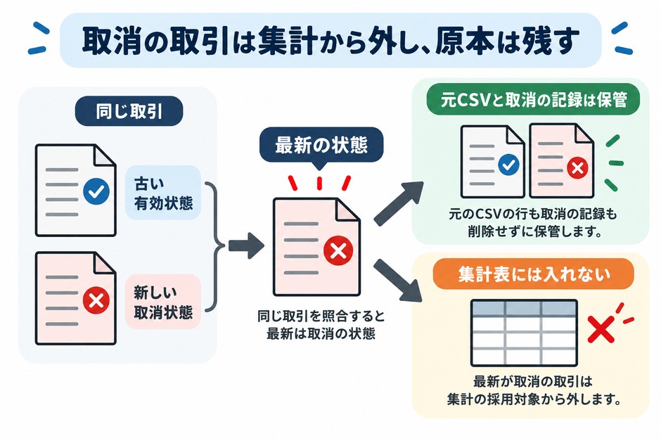 同じ取引の重複と後から取消になった取引を区別し、最新状態から採用行を決める例