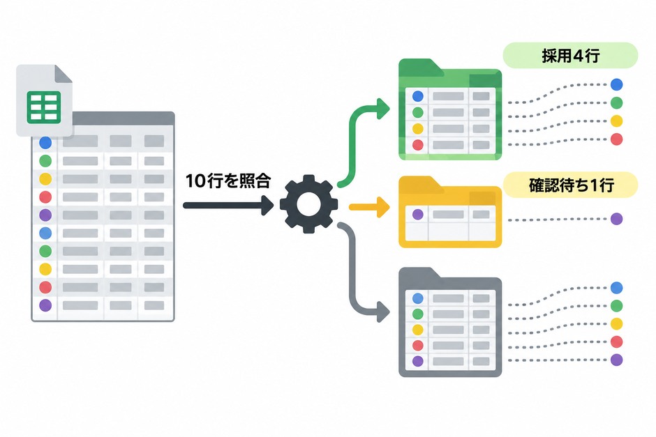 元の10行を6区分へ振り分け、金額と件数の両方で採用結果を照合する設計例