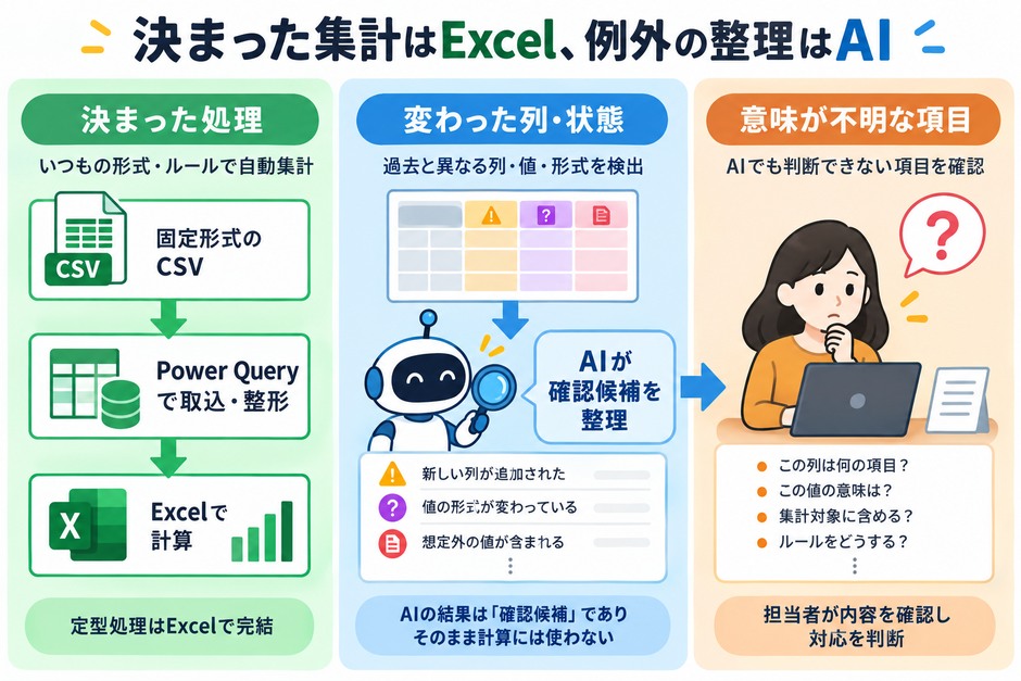 固定形式のCSVはPower Queryで取り込み、変わった列や未確認の状態をAIで点検する分担