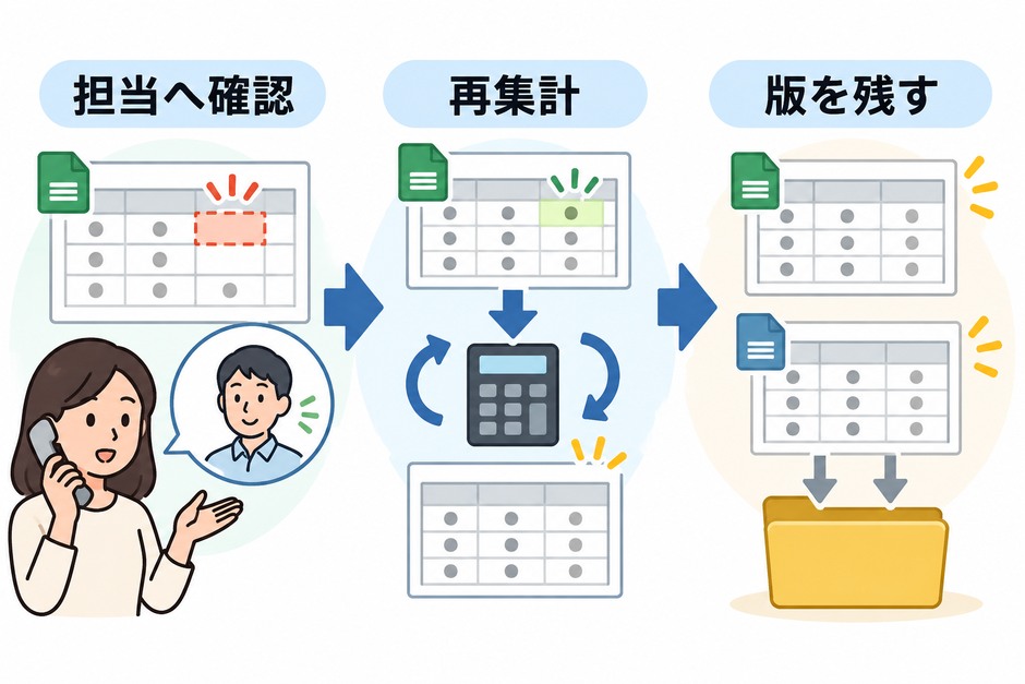 確認待ちの金額を担当へ戻し、再集計の結果と版を残して月次表を確定する手順