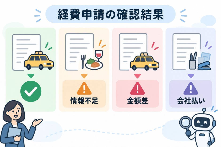 経費申請4件を金額一致、情報不足、金額差と承認不足、法人カード払いの確認へ分ける設計例