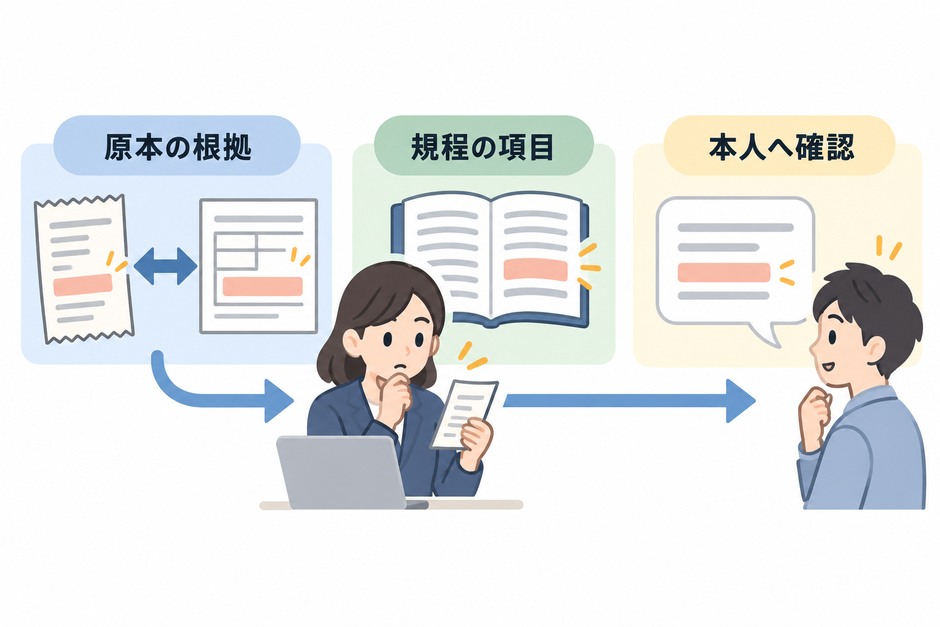 原本の根拠と規程の項目を並べ、申請者が追記する内容を一つの確認文へまとめる方法