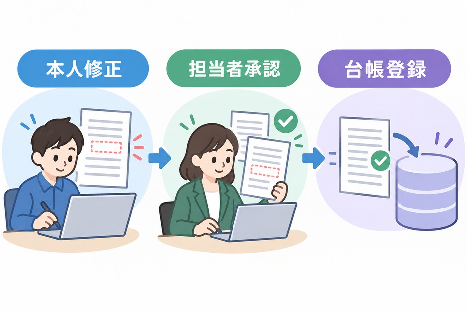 申請番号を基準に原本、確認理由、本人の修正、担当者承認、既存台帳への登録を追う流れ