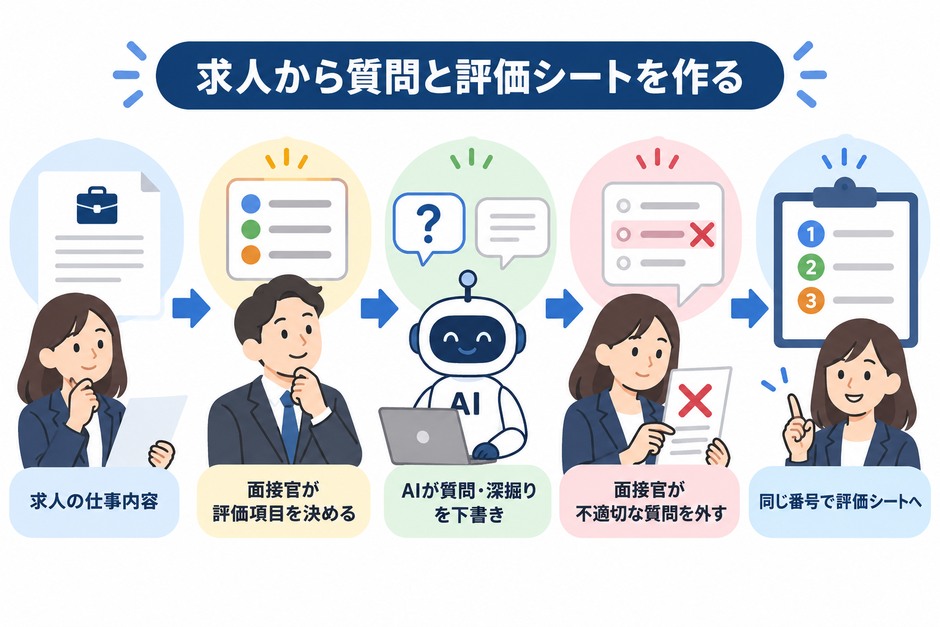 求人の仕事内容から評価項目を決め、同じ番号で質問と評価シートを作る流れを示しています。