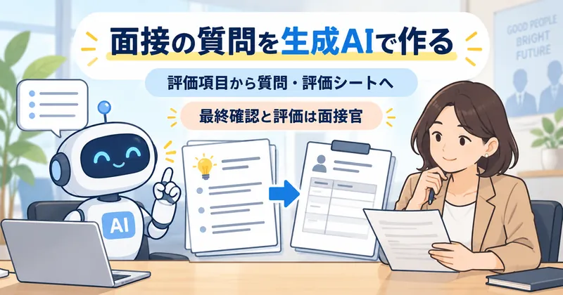求人から評価項目を決め、生成AIで質問と評価シートを作り、聞いてはいけない質問を人が確認する流れ