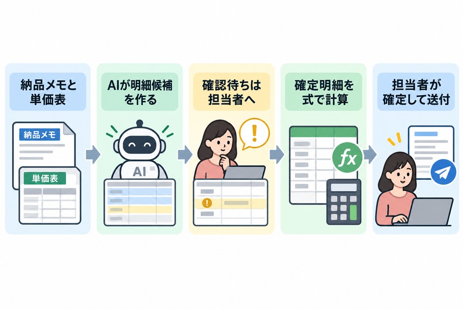 納品メモと単価表から明細の候補を作り、確認待ちの行を担当者が決めてから請求明細に入れる流れ