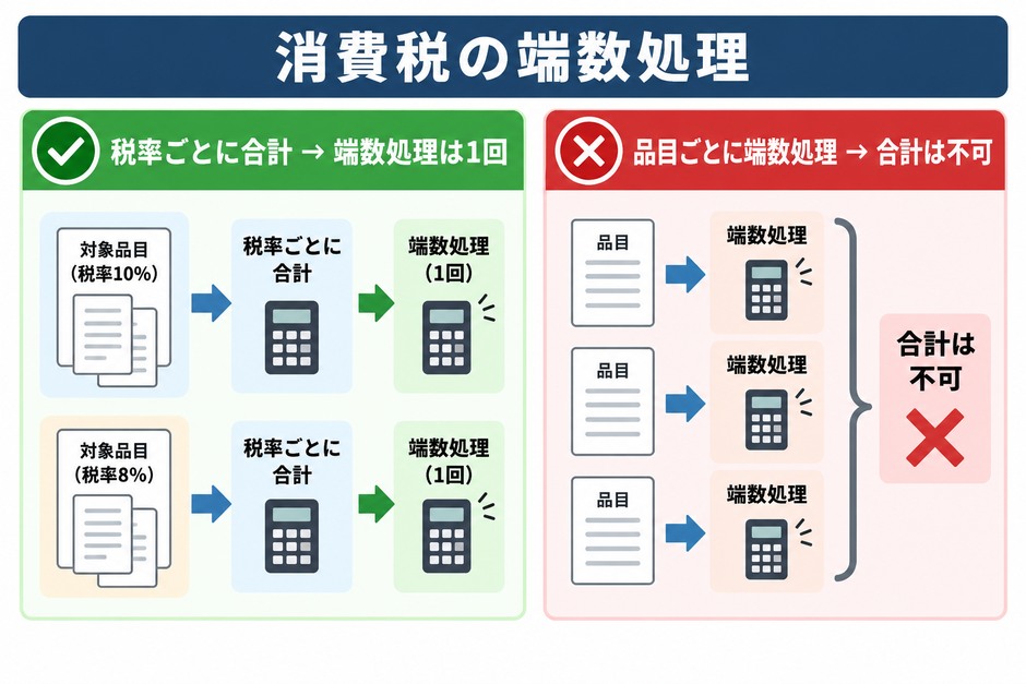 税率ごとに合計してから1回だけ端数処理する方法と、品目ごとに端数処理して合計する誤った方法の比較