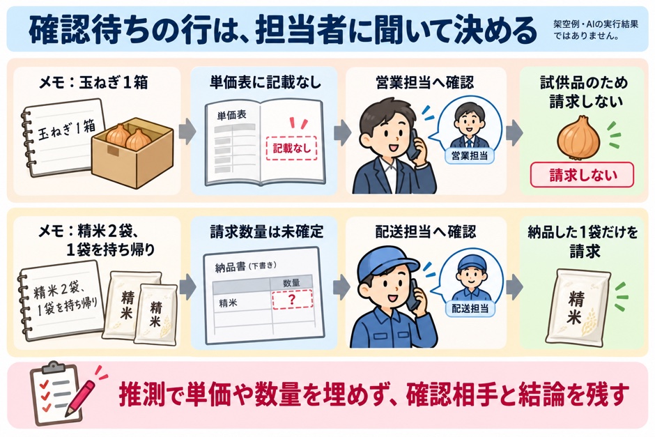 架空の納品メモにある単価表未登録の玉ねぎと持ち帰りの精米について、営業・配送担当へ確認して請求内容を決める例です。
