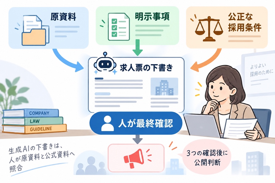 生成AIの求人票下書きを原資料・明示事項・公正な採用条件の3方向から人が確認する図