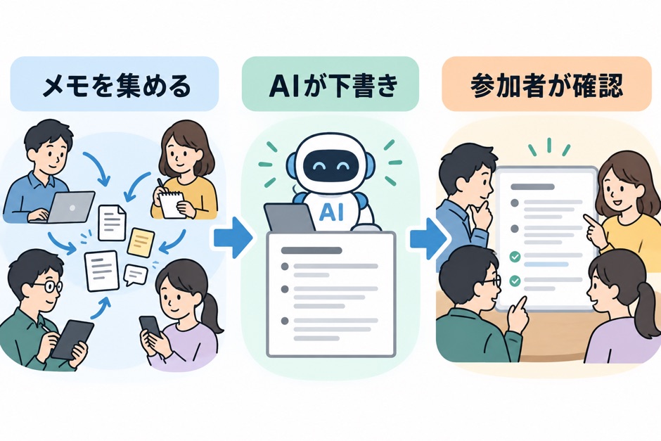 メモを集め、AIが下書きし、参加者が確認する順序