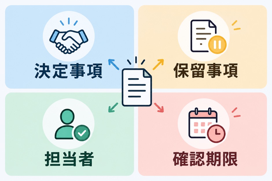 決定事項、保留事項、担当者、確認期限を分ける議事録の図
