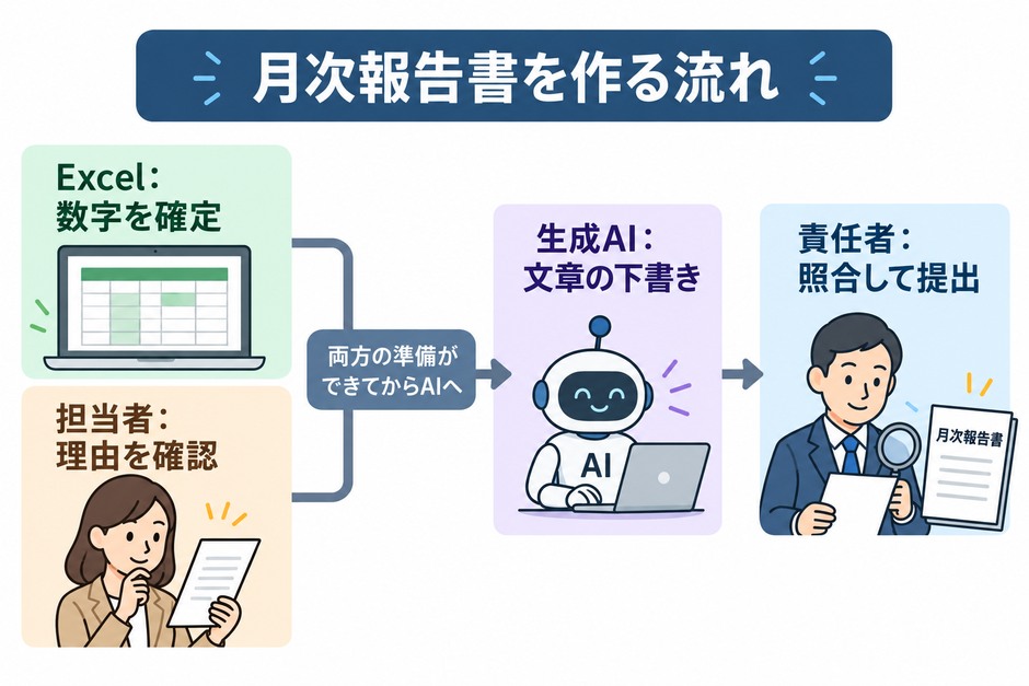 数字はExcelで計算し、理由は担当者が確かめ、文章化だけを生成AIに任せる月次報告書の役割分担