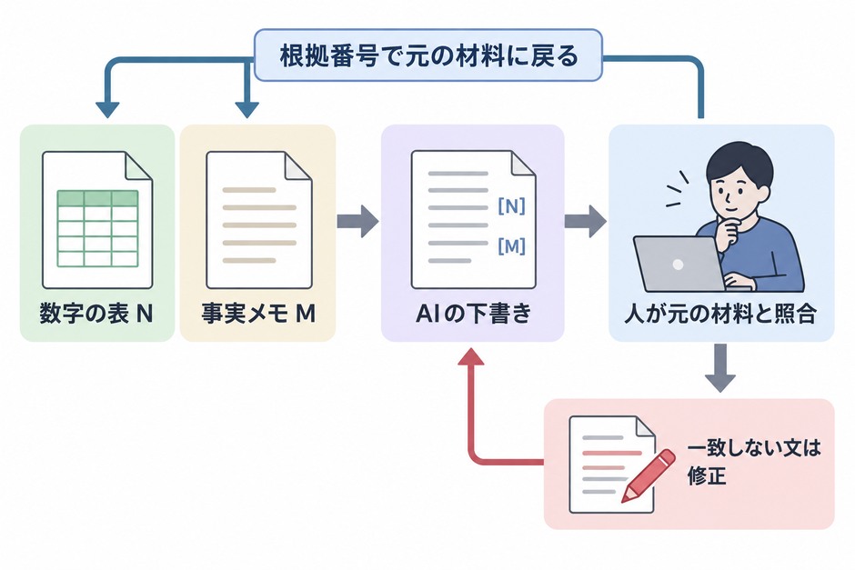 AIが書いた月次報告書の各文を、根拠の番号で数字の表と事実メモへ戻して照合する流れ