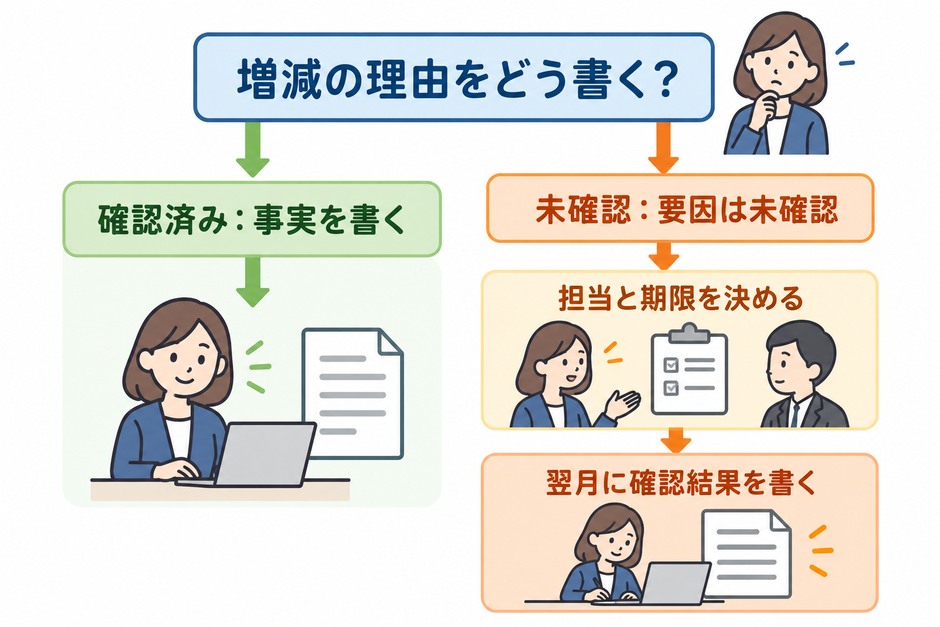 確認済みの要因と未確認の増減を分け、未確認には確認する担当と期限を付けて翌月の報告書へ引き継ぐ図
