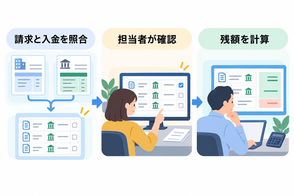請求台帳と銀行明細を照合して候補を確認し、承認後に割り当てと残額計算を行う流れ
