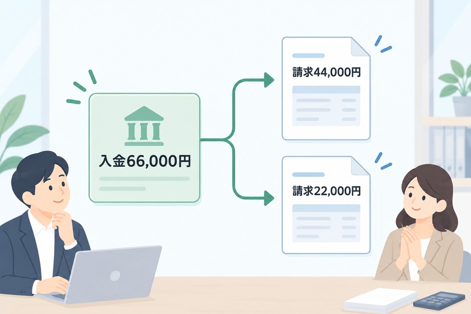 入金P1の66000円を請求I1の44000円とI2の22000円に分け、入金IDを残して結び付ける例