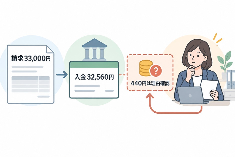 請求33000円と入金32560円の差額440円を、理由未確認の請求残額として残す例
