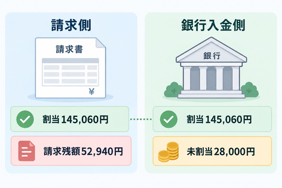 請求198000円は割当145060円と残額52940円、入金173060円は同じ割当額と未割当28000円に分かれる検算