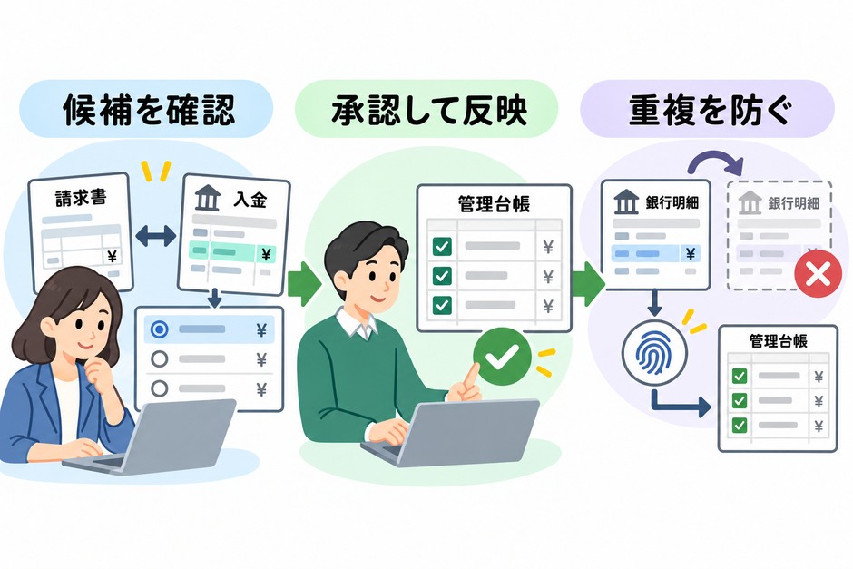 候補・承認・反映の状態と入金IDを記録し、再取り込み時の二重消込や未反映を確認する流れ