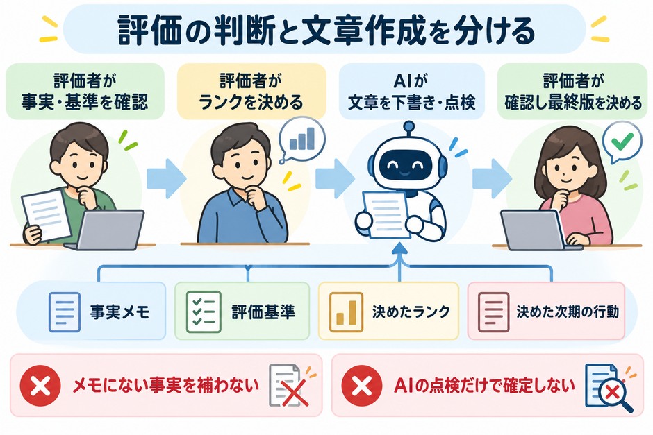 評価者が基準と事実からランクを決め、AIがコメントの下書きと点検を行い、評価者が原材料と照合して最終版を決める流れを示しています。