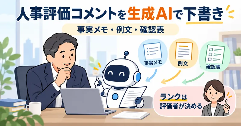 事実メモ・例文・確認表を使って人事評価コメントをAIで下書きし、ランクは評価者が決める活用のイメージを示しています。