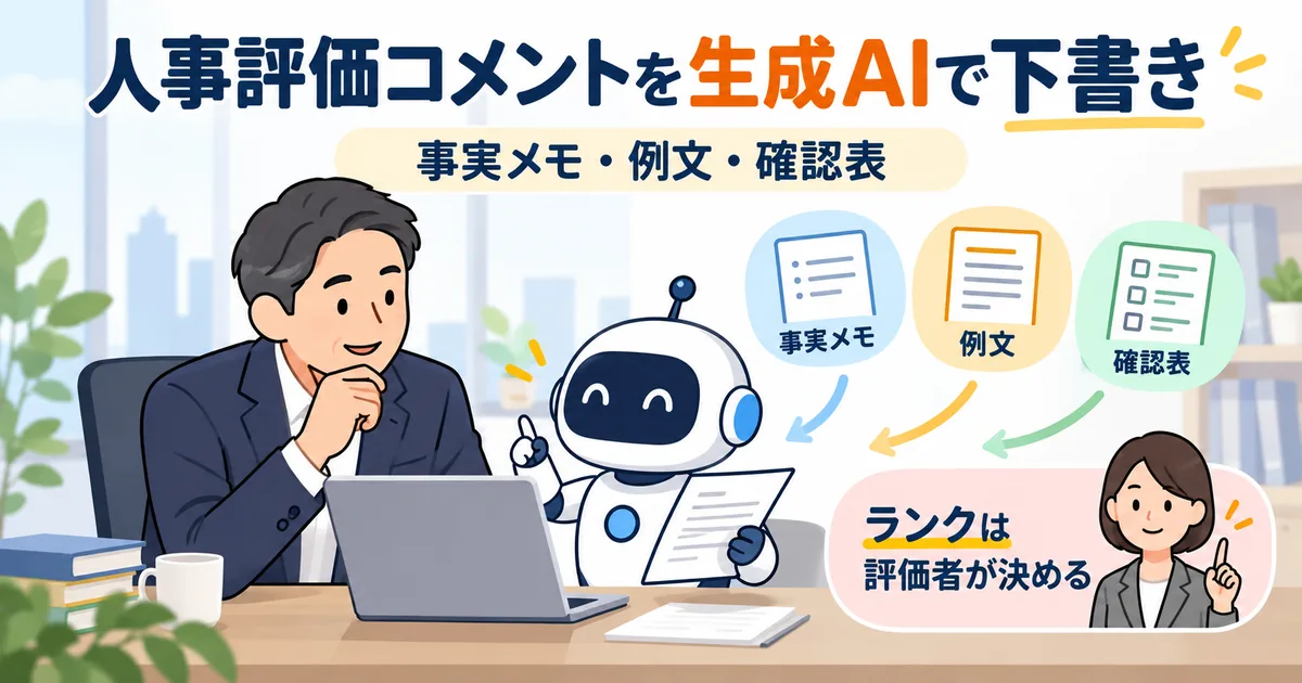 事実メモ・例文・確認表を使って人事評価コメントをAIで下書きし、ランクは評価者が決める活用のイメージを示しています。