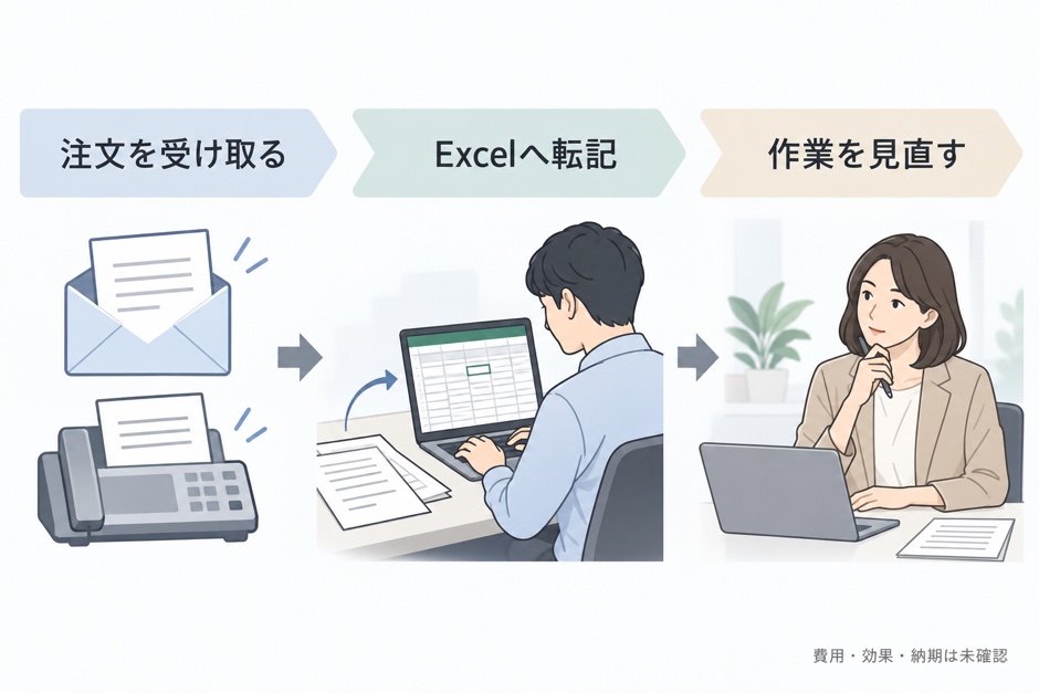 メールとFAXで注文を受け取り、Excelへ転記する作業を見直す流れ