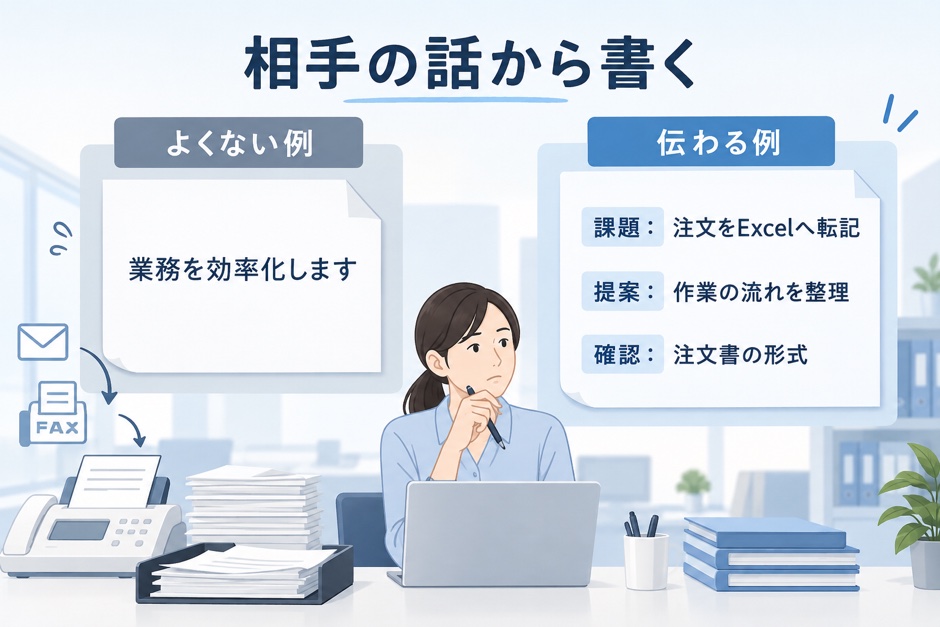 抽象的な提案書と、相手の課題・提案・確認事項を分けた提案書の比較