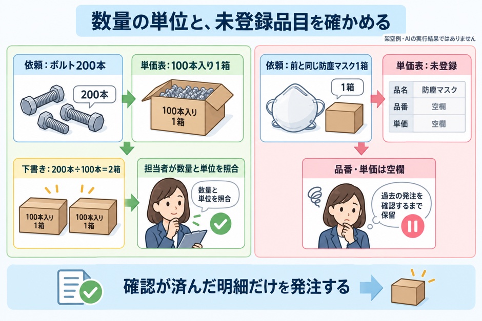架空の購買依頼について、ボルト200本を2箱へ換算して照合する例と、未登録のマスクの品番・単価を空欄で保留する例を示しています。